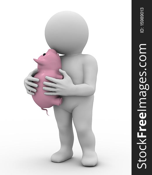 3d human huging pink piggy bank. 3d human huging pink piggy bank