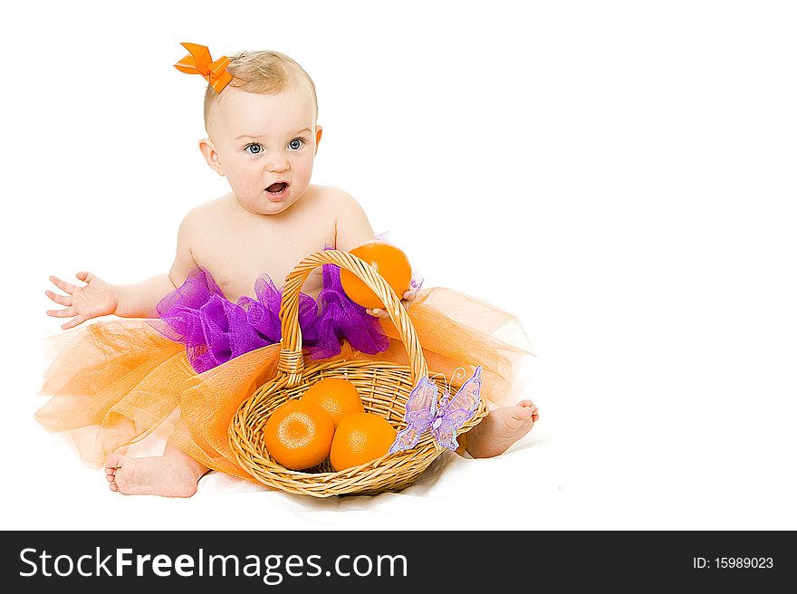 Cute baby girl with basket isolated