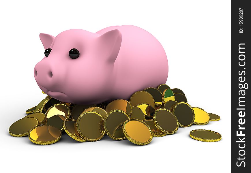 Ping piggy bank in a heap of coins