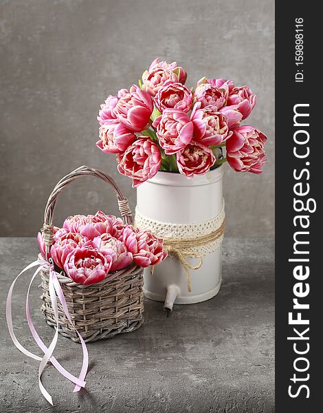 Bouquet of pink tulips. Party decor