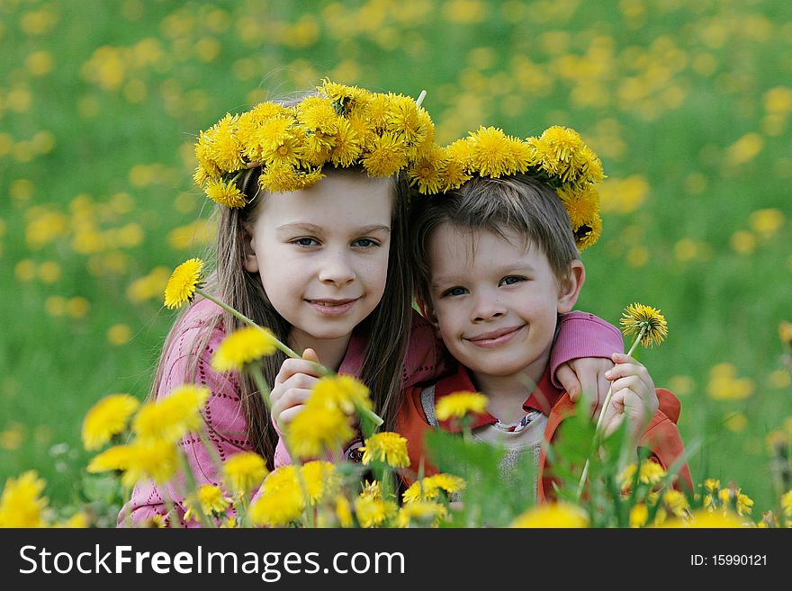 Brother and sister enjoy summer time in the dandelion meadow. Brother and sister enjoy summer time in the dandelion meadow.