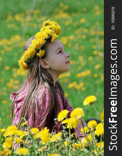Nice, young girl enjoy summer time in the dandelion meadow. Nice, young girl enjoy summer time in the dandelion meadow.