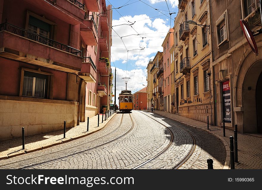 In the city of Lisbon tram tracks. In the city of Lisbon tram tracks