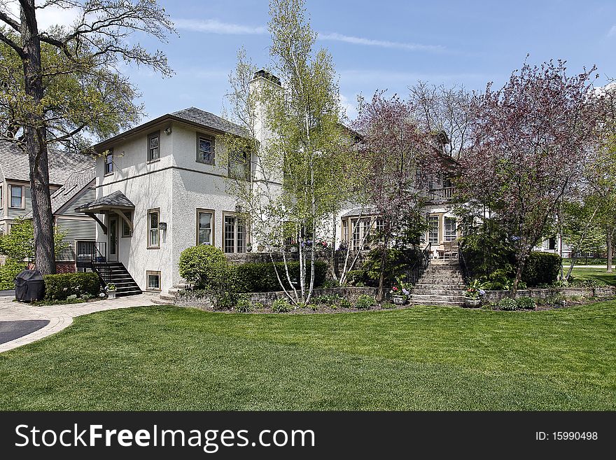 Rear view of luxury home in springtime