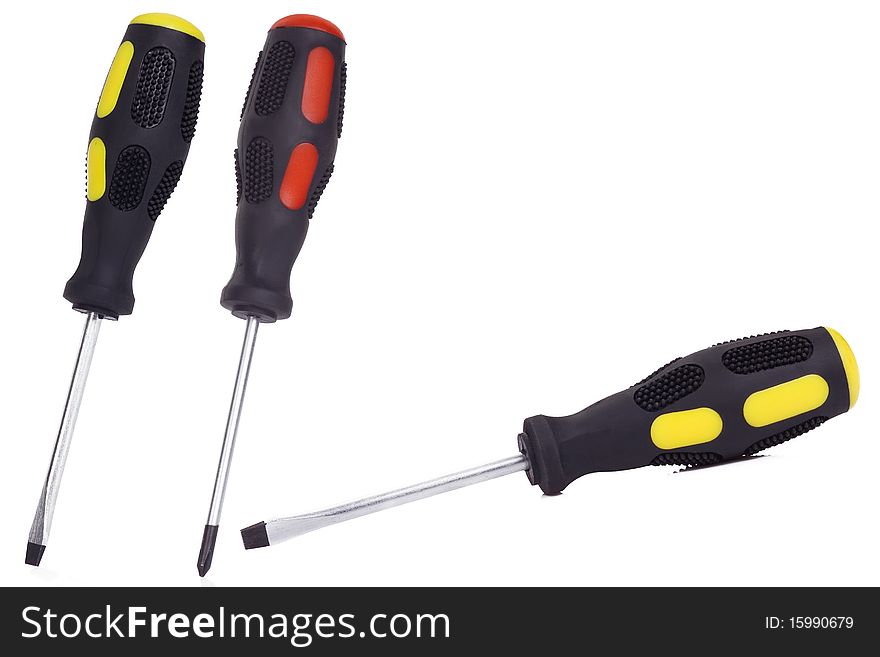 Three isolated screwdrivers on white