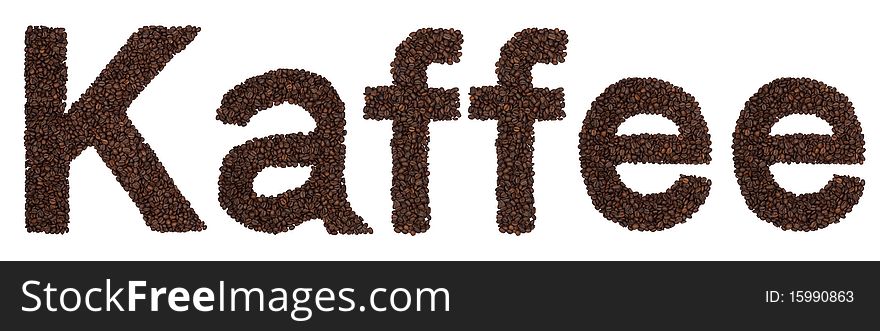 Inscription Kaffee (German language) made from roasted coffee beans. Isolated letters K,a,f,e in large resolution.. For other version or language check my other photos. Inscription Kaffee (German language) made from roasted coffee beans. Isolated letters K,a,f,e in large resolution.. For other version or language check my other photos.