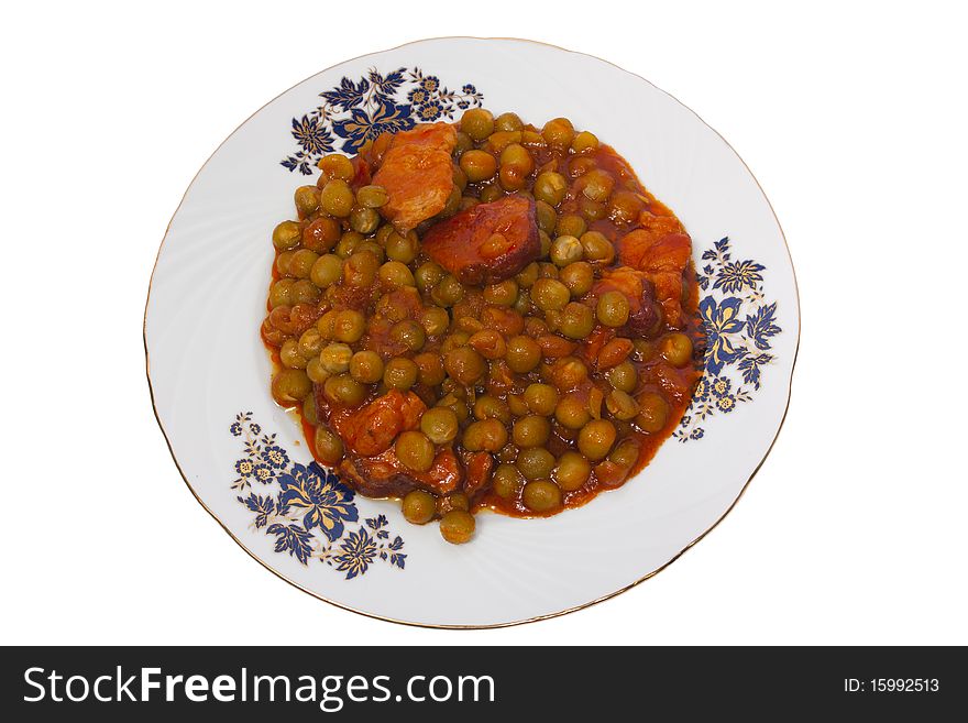Cooked peas with bacon and carrots. Cooked peas with bacon and carrots