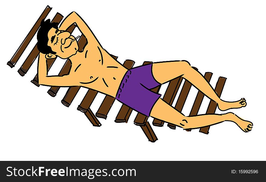 An illustration of a man resting on a chair on the beach. An illustration of a man resting on a chair on the beach