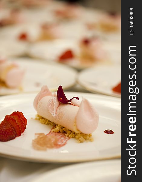 Strawberry meringue rose water plated desserts. Strawberry meringue rose water plated desserts