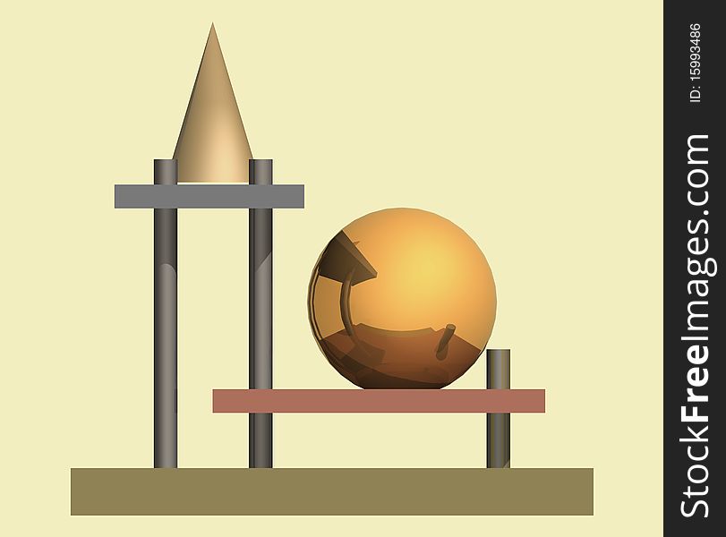 Metallic Volumetric Composition, with Cone, Sphere, Plaques & Columns, in frontal view. Metallic Volumetric Composition, with Cone, Sphere, Plaques & Columns, in frontal view.