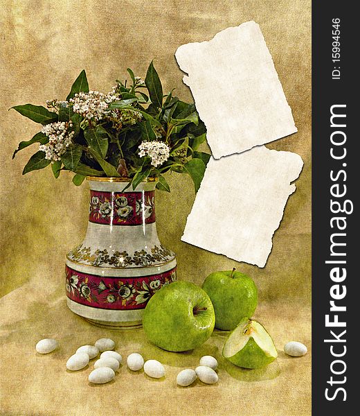 Vintage card with flowers in a vase, apples and almonds in sugar icing