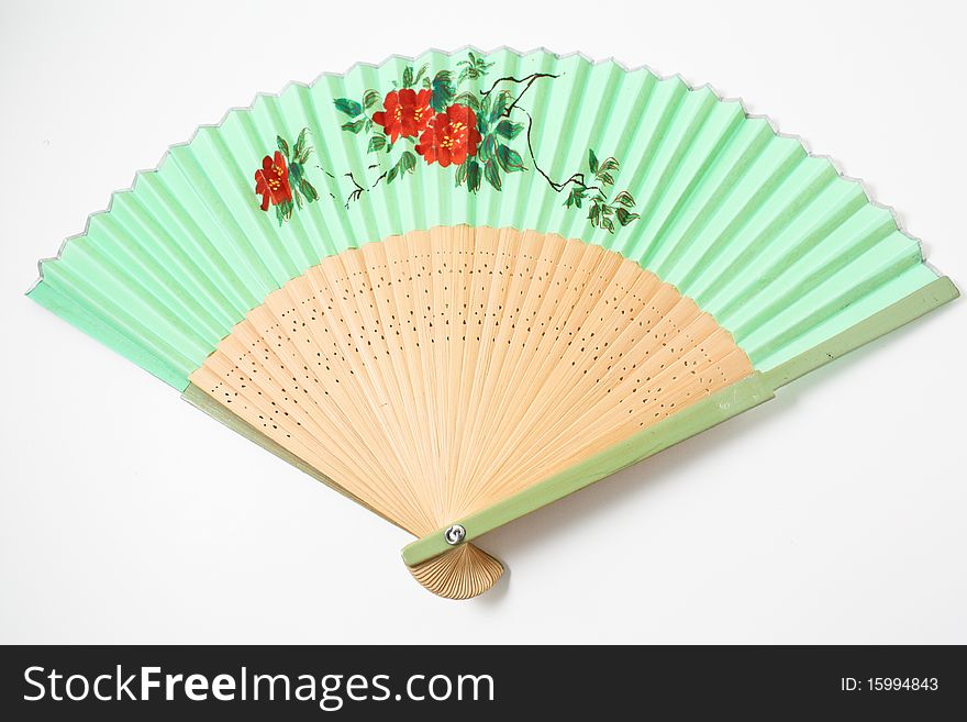 Green chinese paper fan with flower art work