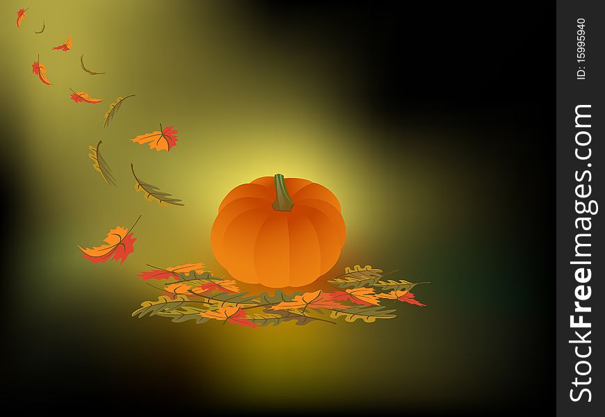 Vector illustration of a pumpkin and falling autumn leaves on a dark abstract background with a soft shining of light. Vector illustration of a pumpkin and falling autumn leaves on a dark abstract background with a soft shining of light