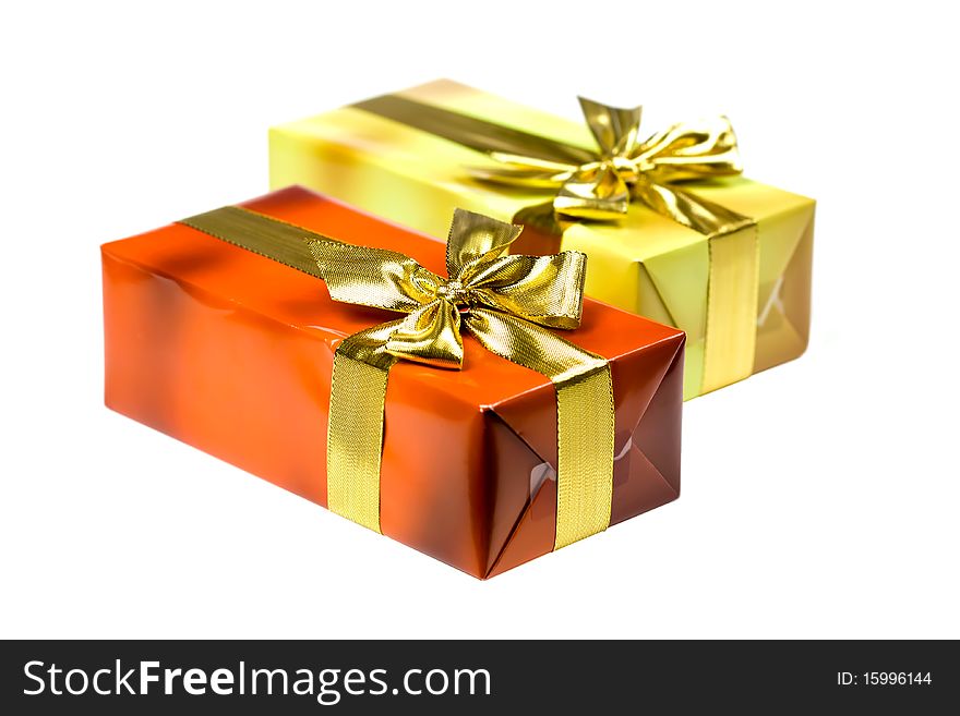 Christmas Time,Gift box with golden ribbon,isolated on the white background