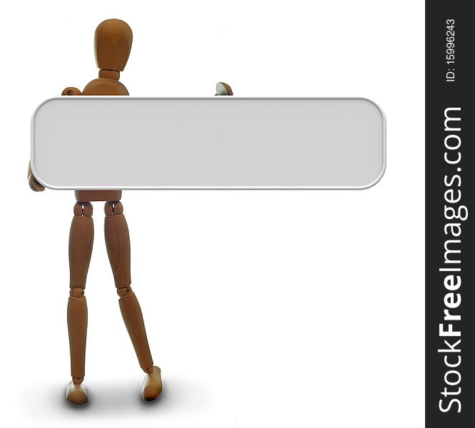 Wooden Mannequin holds a neutral grey blank board