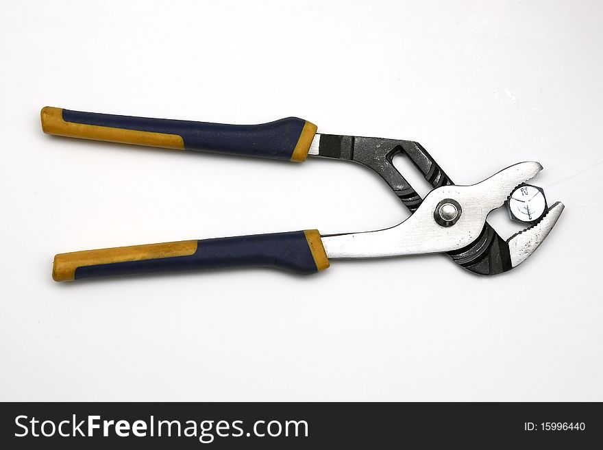 Pliers holding a bolt on white background