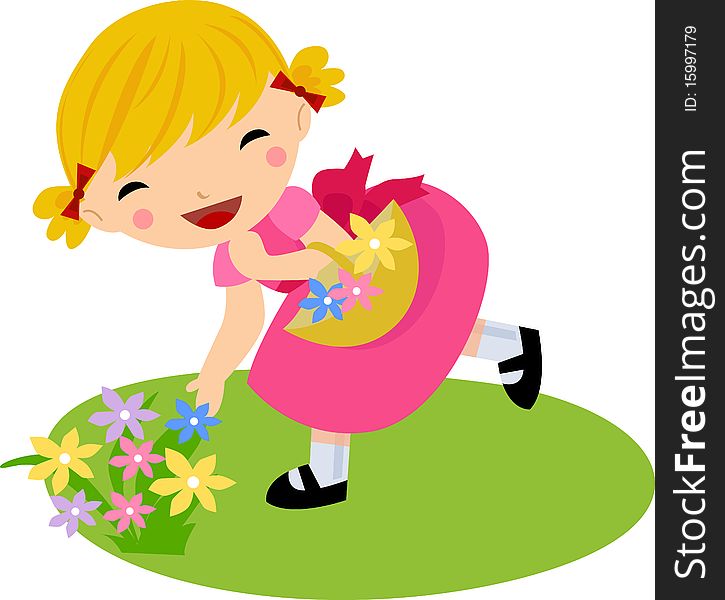 The girl in dress with flowers basket 
 ,illustration