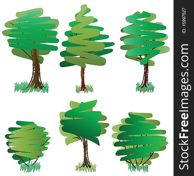 Six green deciduous trees. Vector illustration
