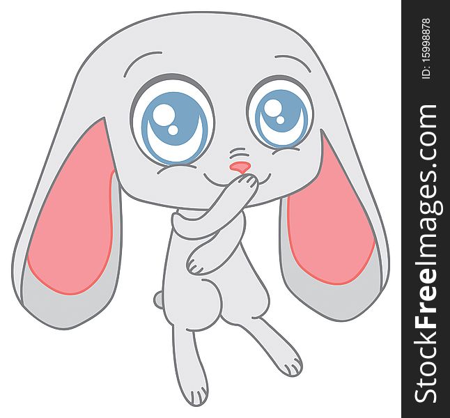 Cute cartoon grey rabbit looks to you.