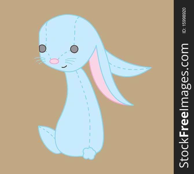 Cute blue stitched smilng toy rabbit sits and turns his eyes to you. Cute blue stitched smilng toy rabbit sits and turns his eyes to you.