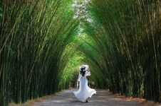 Asian Woman Traveler At Green Bamboo Tunnel At Chulabhorn Wanaram Temple Is A Tourist Attraction Of The Nakhon Nayok Province, Stock Image