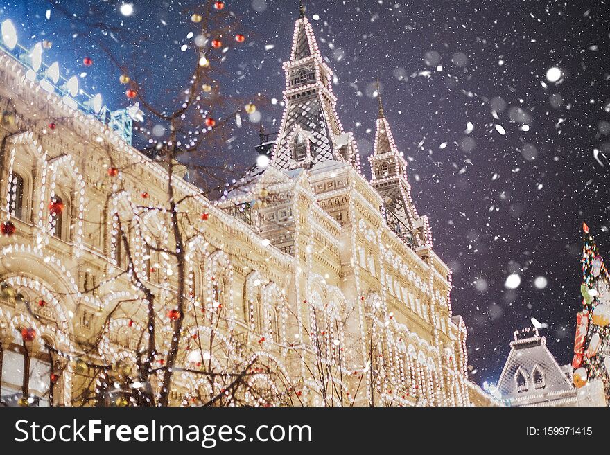 Winter photo of GUM in Moscow on Red Square in a snowstorm