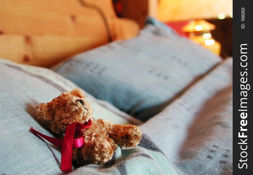 Little teddy bear asleep in his bed