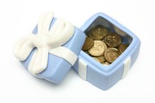 Blue Porcelain Gift Box Filled With Gold Coins Stock Photos