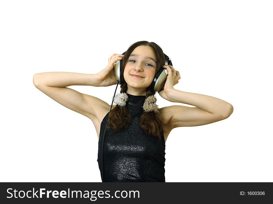 Teenager smiling girl with headphones listen music isolated over white