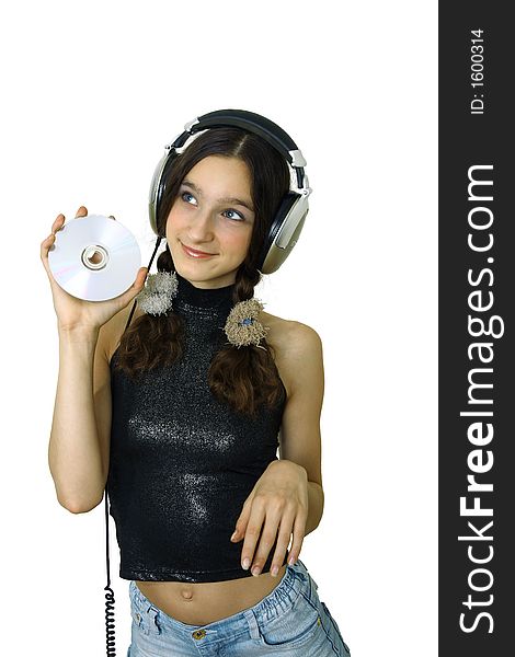 Teenager smiling girl with headphones listen music isolated over white
