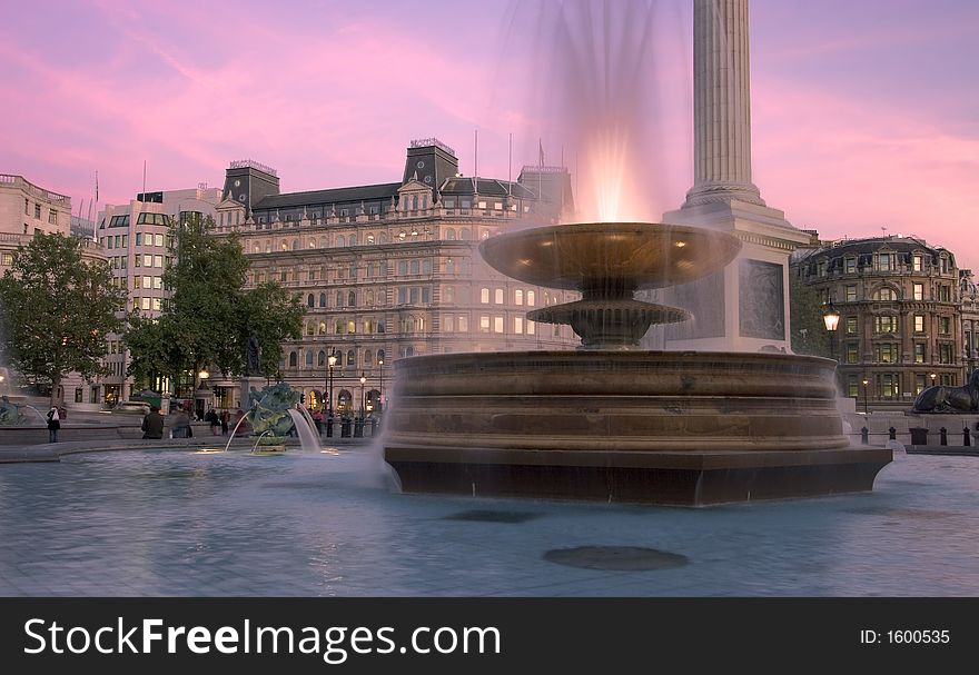 The fountains and Nelson's Column at Trafalgar Square. The fountains and Nelson's Column at Trafalgar Square