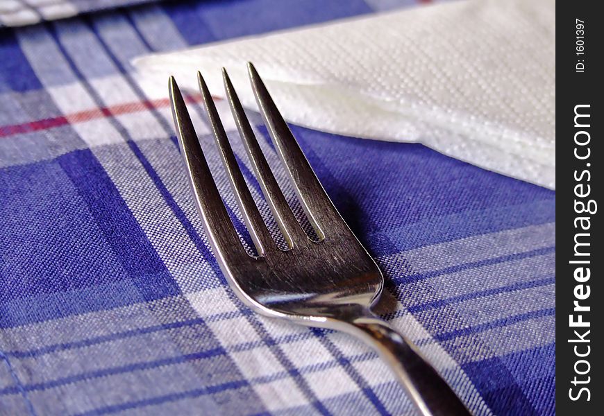 Shinny steel fork on the plaid table