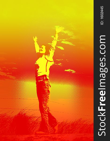 Dotted background image of young woman with hands in the air. Dotted background image of young woman with hands in the air