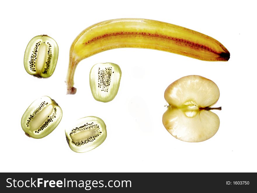 Picture of slice of various fruits - kiwi, banana and apple.