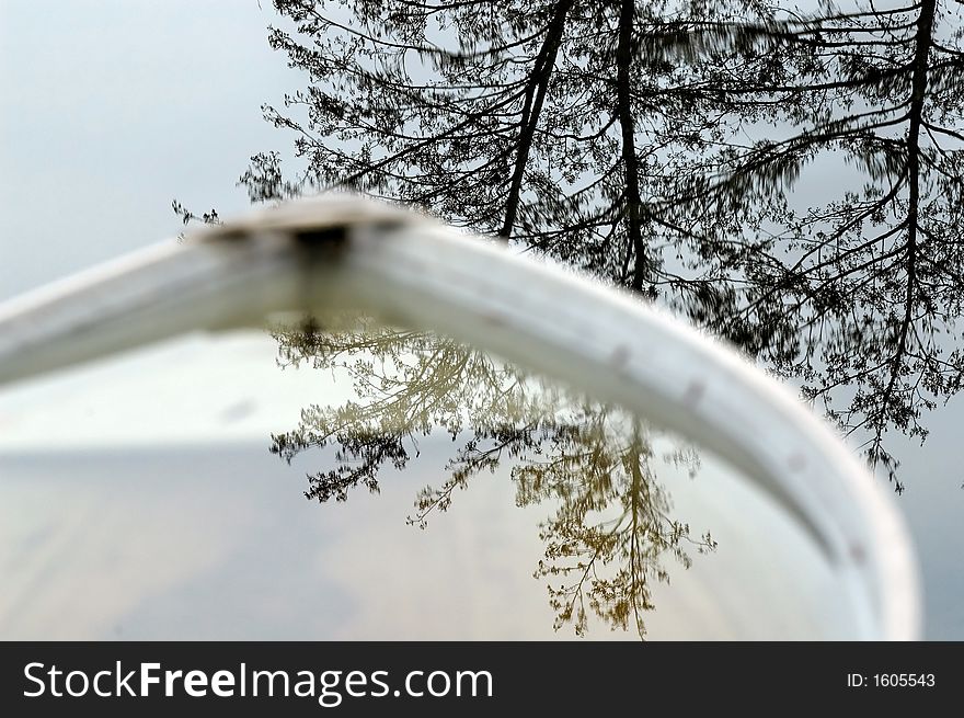 Trees reflection in a half submerged white fishing boat