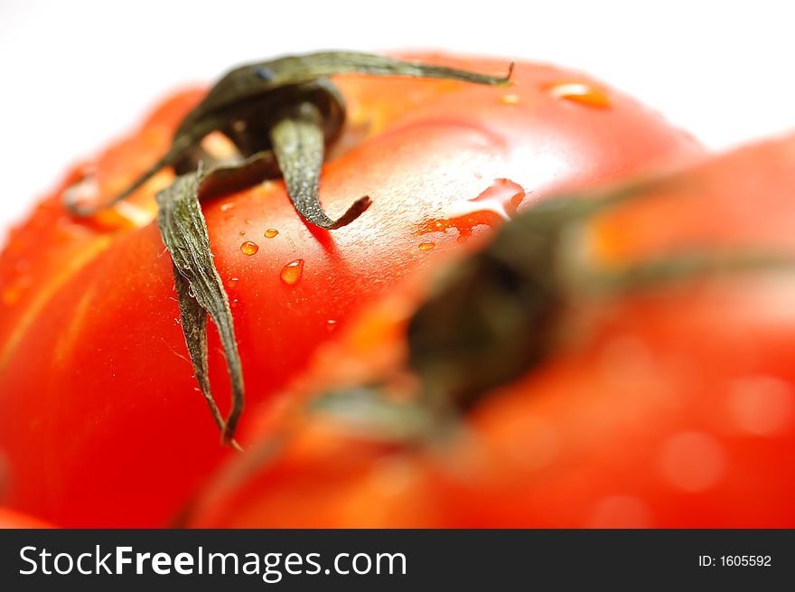 Fresh wet tomatoes isolated on white background. Shallow depth of field. Fresh wet tomatoes isolated on white background. Shallow depth of field