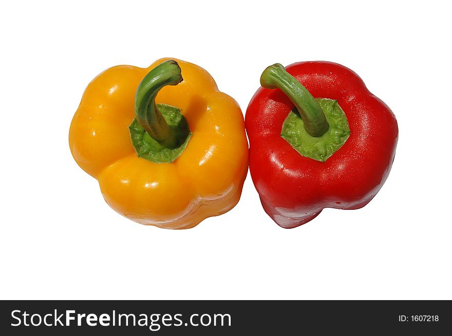 Red and yellow pepper view from top with clipping path