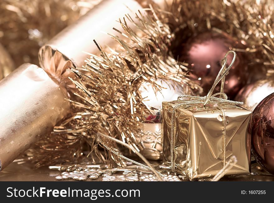 A collection of shiny Christmas decorations and tree adornments. A collection of shiny Christmas decorations and tree adornments