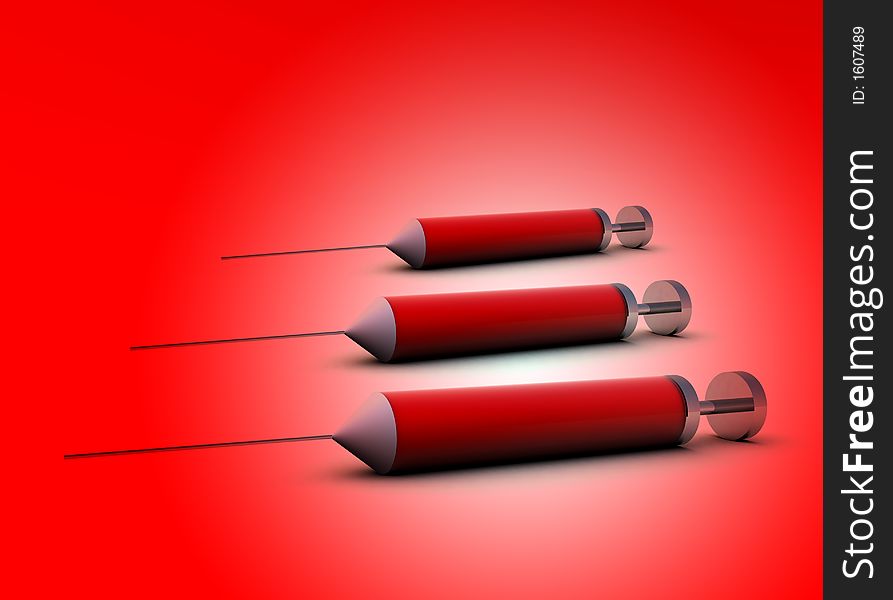 Three syringe's which are full of red blood. Three syringe's which are full of red blood.