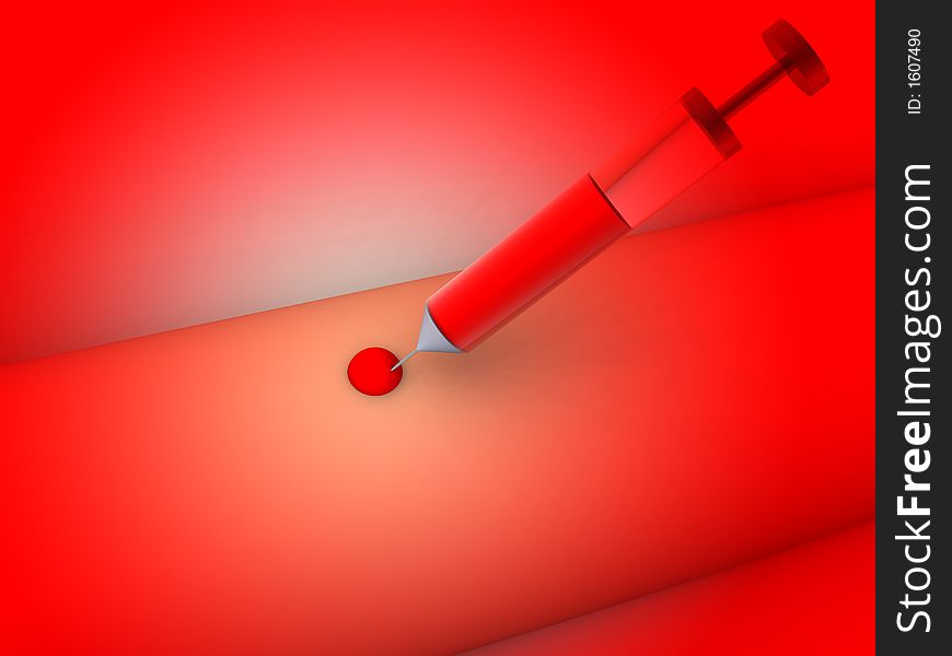 A syringe which is full of red blood. withdrawing blood from an arm. A syringe which is full of red blood. withdrawing blood from an arm.