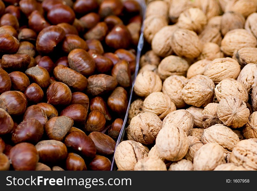 Walnuts and Hazelnuts side by side at a market. Walnuts and Hazelnuts side by side at a market.