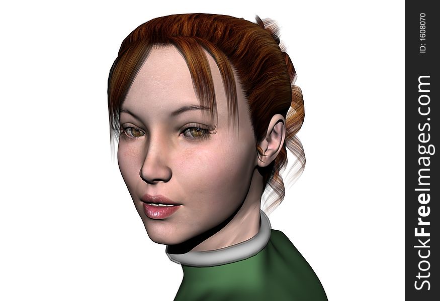 Cassandra, a beautiful woman, smiles over her shoulder. 3D model, computer generated.
