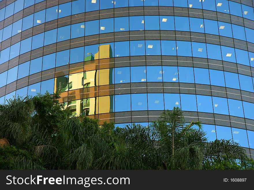 Reflections in a skyscraper at twilight and with palm trees in the foreground