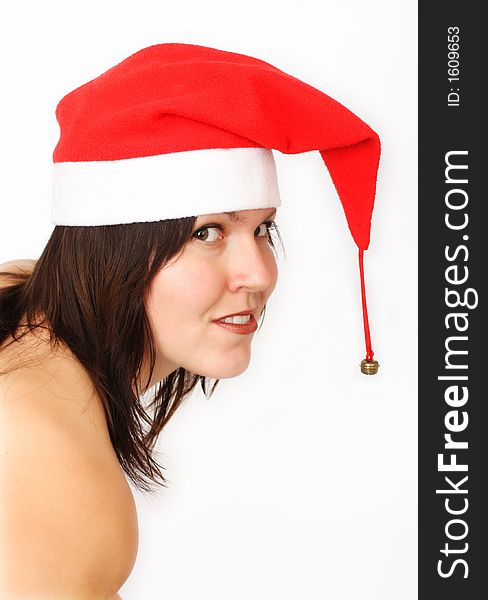 Girl in santas hat isolated on white backgroun