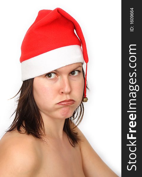Girl with santas hat(fed up) isolated on white background