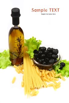 A Bottle Of Olive Oil With Pasta And Black Olives Royalty Free Stock Images A Bottle Of Olive Oil With Pasta And Black Olives Royalty Free Stock Images