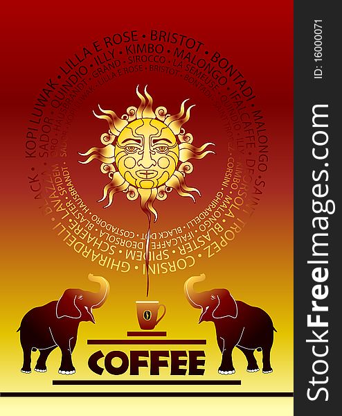 Composition from two elephants, a Sun and cups of coffee on a brown background. Composition from two elephants, a Sun and cups of coffee on a brown background