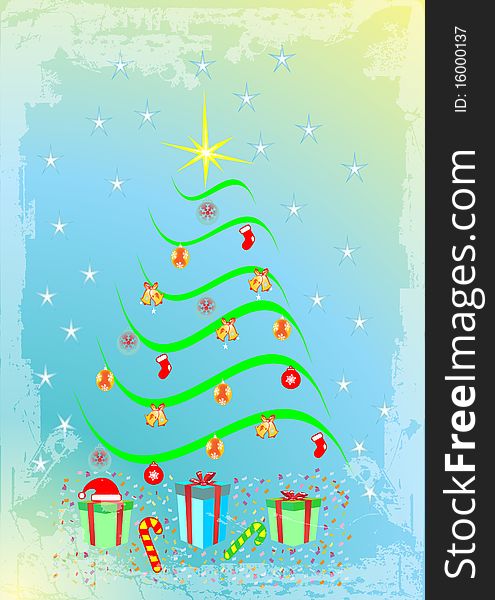 Christmas tree in light blue background with grunge border