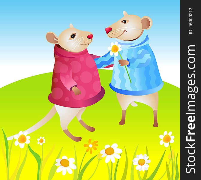 Two mouse with sweaters on a background sky and field with camomiles