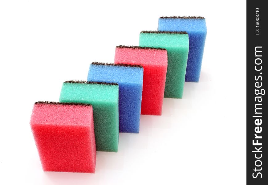 Multicolored sponges color isolated on white background, unhygienic;